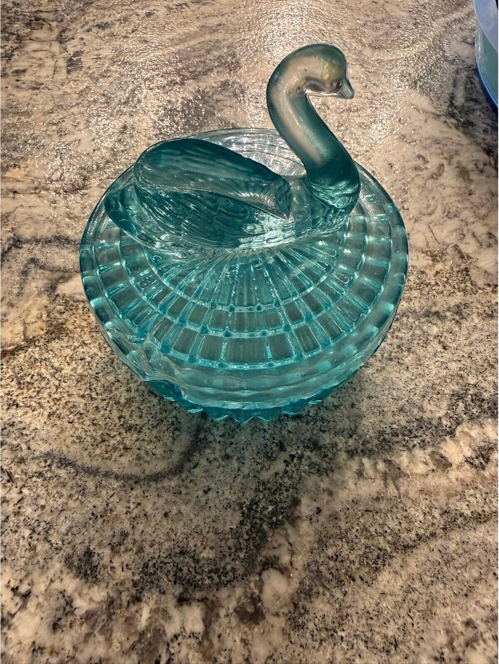 Vintage Pressed Glass Covered Candy Dish with Swan-Shaped Lid Aqua Blue